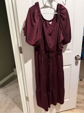 Maurices Burgundy Maxi Dress with Puff Sleeves